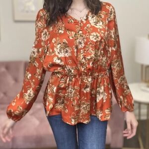 Vintage Hayden Blouse Earth Tone Floral Button Down Long Sleeve B5